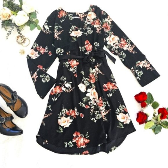 Dex Women's Floral Mini Dress Size 2X Black Pinks Green Flowy Long Sleeves Party - Picture 1 of 13